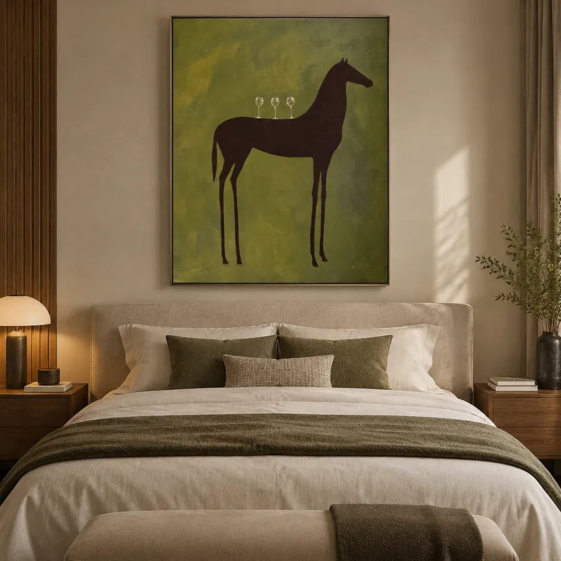 Mid-Century Modern animals oil painting featuring an expressive animal subject rendered with visible brushwork in a green palette.