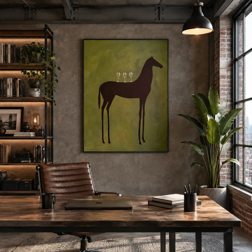 Mid-Century Modern animals oil painting featuring an expressive animal subject rendered with visible brushwork in a green palette.