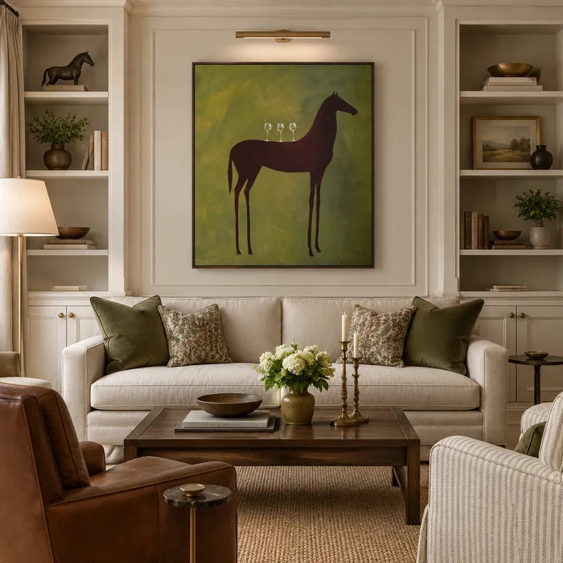 Mid-Century Modern animals oil painting featuring an expressive animal subject rendered with visible brushwork in a green palette.