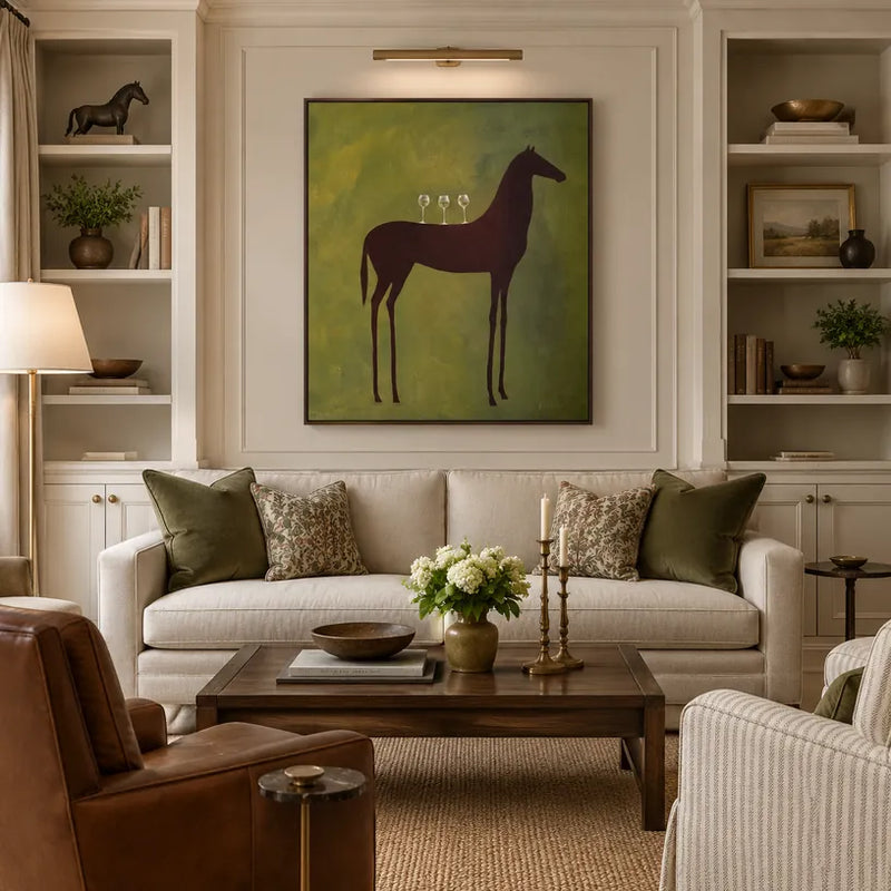 Mid-Century Modern animals oil painting featuring an expressive animal subject rendered with visible brushwork in a green palette.