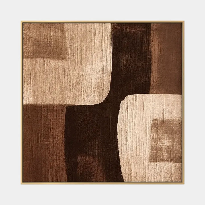 Mid-Century Modern abstract & conceptual oil painting featuring layered abstract marks, texture and expressive painterly movement in a brown palette.