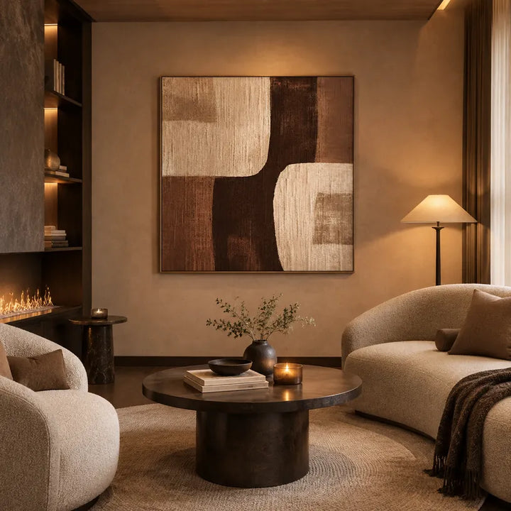 Mid-Century Modern abstract & conceptual oil painting featuring layered abstract marks, texture and expressive painterly movement in a brown palette.