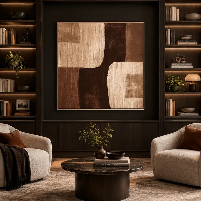 Mid-Century Modern abstract & conceptual oil painting featuring layered abstract marks, texture and expressive painterly movement in a brown palette.