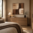 Mid-Century Modern abstract & conceptual oil painting featuring layered abstract marks, texture and expressive painterly movement in a brown palette.