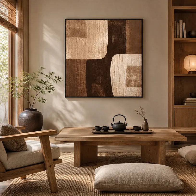 Mid-Century Modern abstract & conceptual oil painting featuring layered abstract marks, texture and expressive painterly movement in a brown palette.
