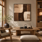 Mid-Century Modern abstract & conceptual oil painting featuring layered abstract marks, texture and expressive painterly movement in a brown palette.