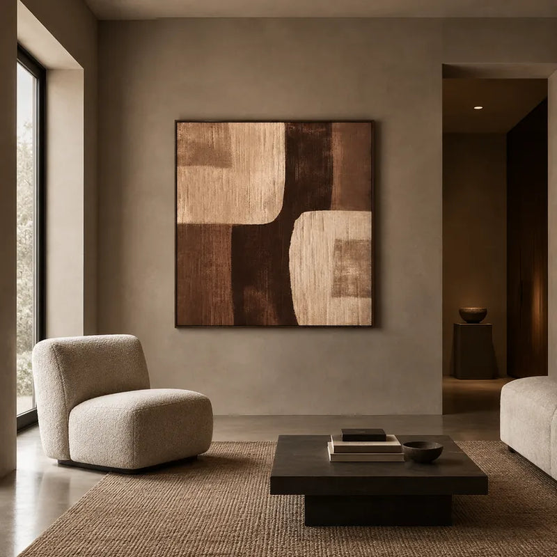 Mid-Century Modern abstract & conceptual oil painting featuring layered abstract marks, texture and expressive painterly movement in a brown palette.