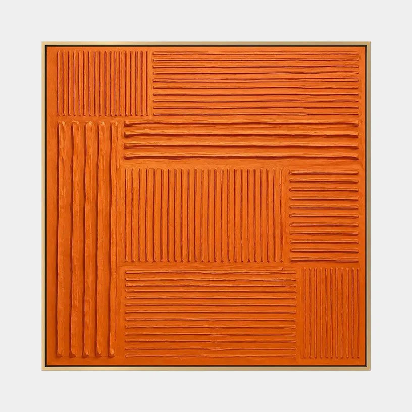 Minimalist abstract oil painting showing layered abstract marks, texture and expressive painterly movement in a orange palette.