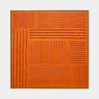 Minimalist abstract oil painting showing layered abstract marks, texture and expressive painterly movement in a orange palette.