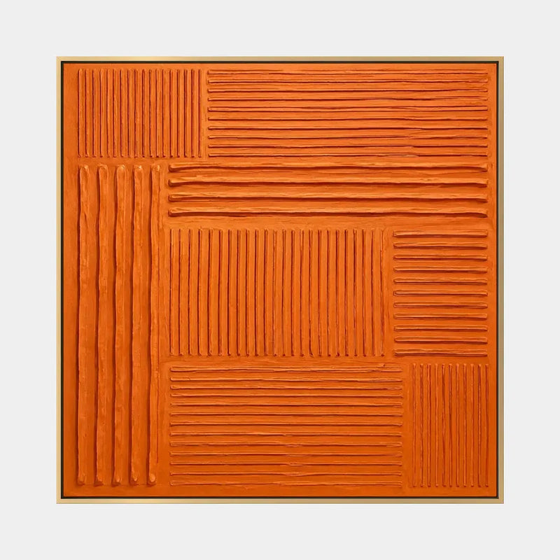 Pittura a olio minimalista astratta e concettuale con segni astratti stratificati, consistenza e movimento pittorico espressivo in una tavolozza arancione.