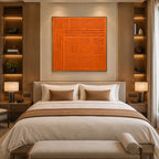 Minimalist abstract oil painting showing layered abstract marks, texture and expressive painterly movement in a orange palette.