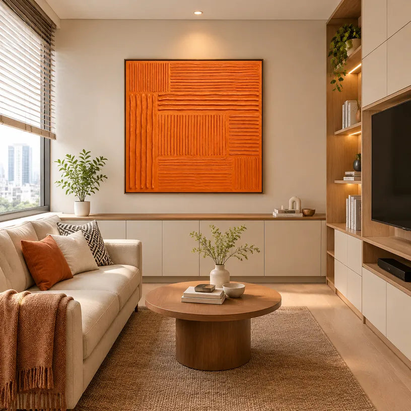 Minimalist abstract oil painting showing layered abstract marks, texture and expressive painterly movement in a orange palette.