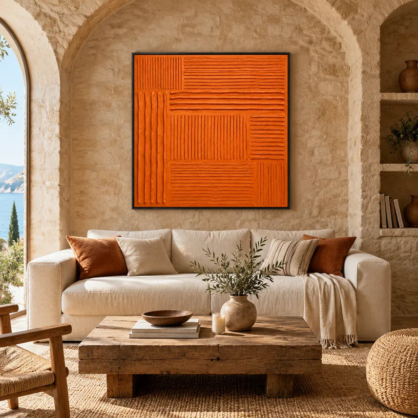 Minimalist abstract oil painting showing layered abstract marks, texture and expressive painterly movement in a orange palette.