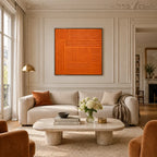 Minimalist abstract oil painting showing layered abstract marks, texture and expressive painterly movement in a orange palette.