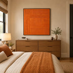 Minimalist abstract oil painting showing layered abstract marks, texture and expressive painterly movement in a orange palette.