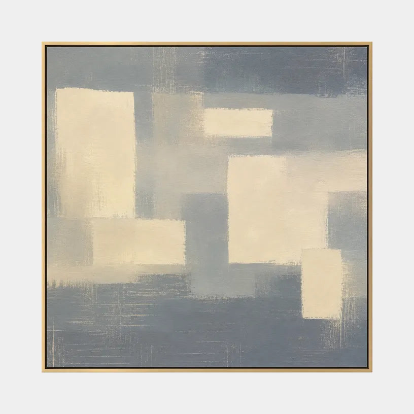 Minimalist abstract oil painting showing layered abstract marks, texture and expressive painterly movement in a grey palette.