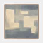 Minimalist abstract oil painting showing layered abstract marks, texture and expressive painterly movement in a grey palette.