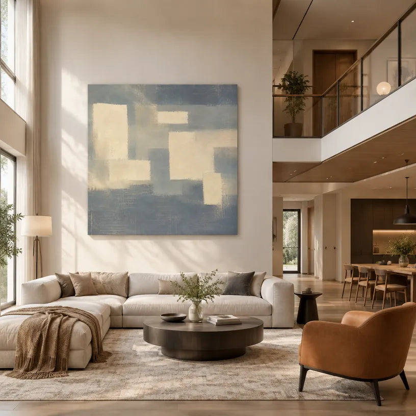 Minimalist abstract oil painting showing layered abstract marks, texture and expressive painterly movement in a grey palette.