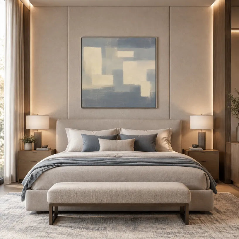 Minimalist abstract oil painting showing layered abstract marks, texture and expressive painterly movement in a grey palette.