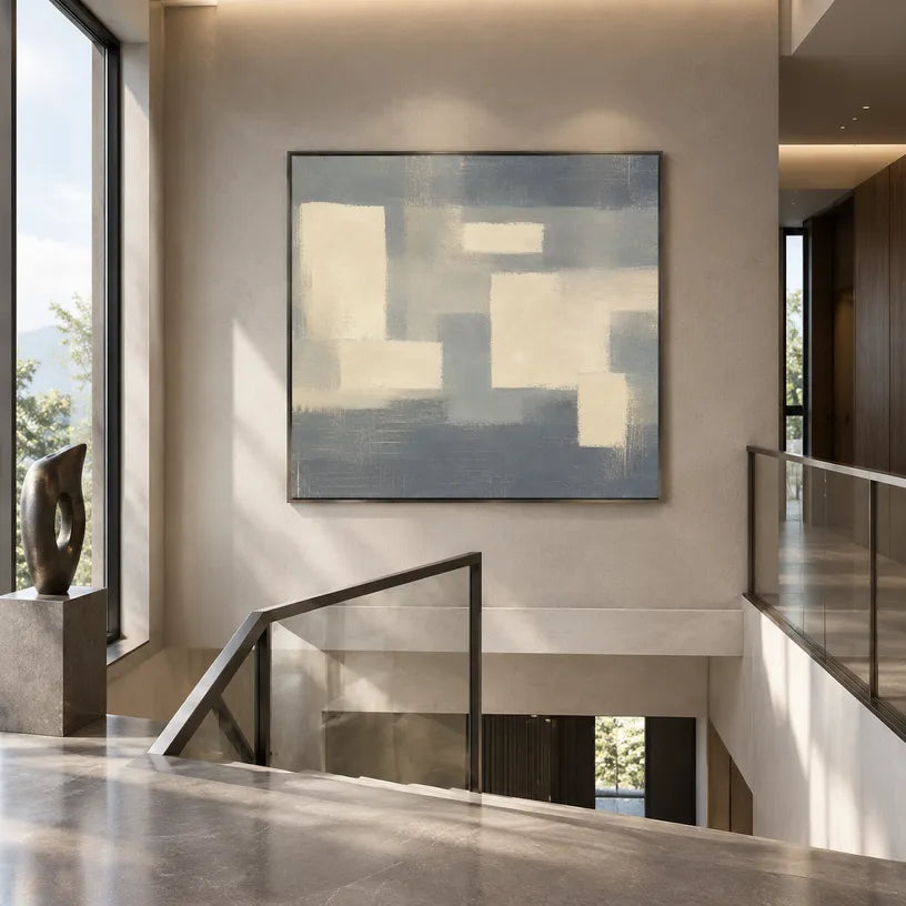 Minimalist abstract oil painting showing layered abstract marks, texture and expressive painterly movement in a grey palette.