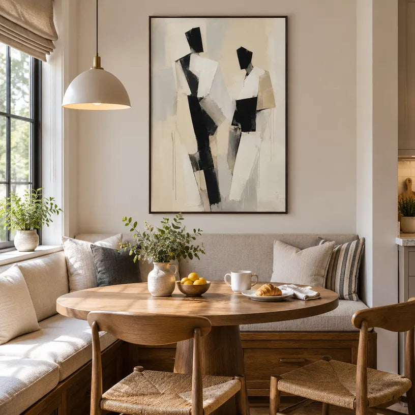 Minimalist portraiture & figure oil painting showing a stylized figure or portrait with expressive painterly shapes in a beige palette.