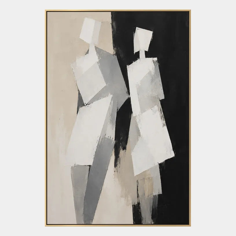 Minimalist portraiture & figure oil painting showing a stylized figure or portrait with expressive painterly shapes in a grey palette.