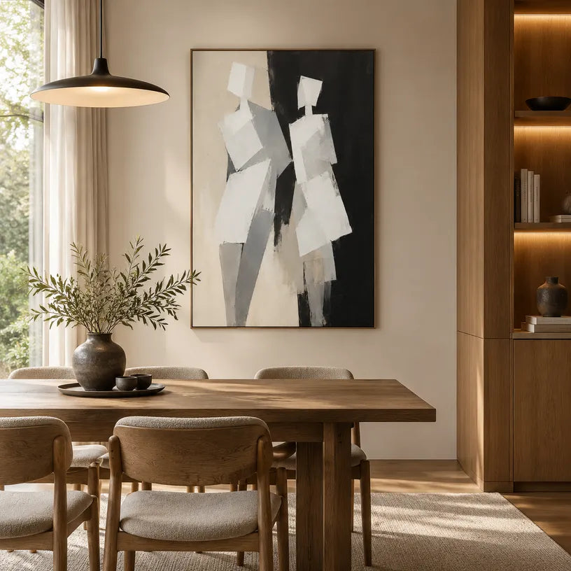 Minimalist portraiture & figure oil painting showing a stylized figure or portrait with expressive painterly shapes in a grey palette.