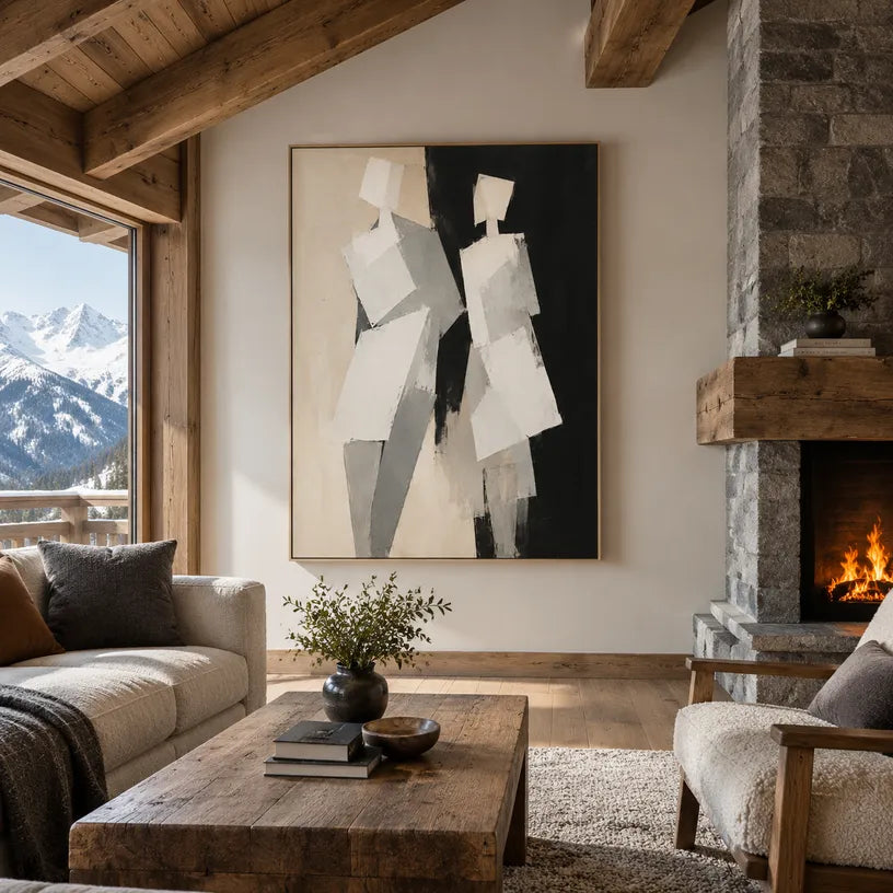 Minimalist portraiture & figure oil painting showing a stylized figure or portrait with expressive painterly shapes in a grey palette.
