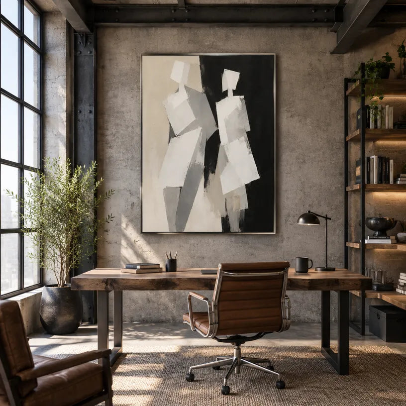 Minimalist portraiture & figure oil painting showing a stylized figure or portrait with expressive painterly shapes in a grey palette.