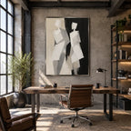 Minimalist portraiture & figure oil painting showing a stylized figure or portrait with expressive painterly shapes in a grey palette.