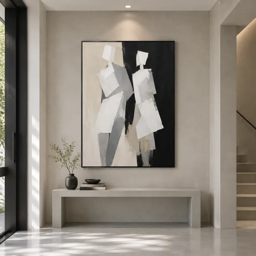 Minimalist portraiture & figure oil painting showing a stylized figure or portrait with expressive painterly shapes in a grey palette.