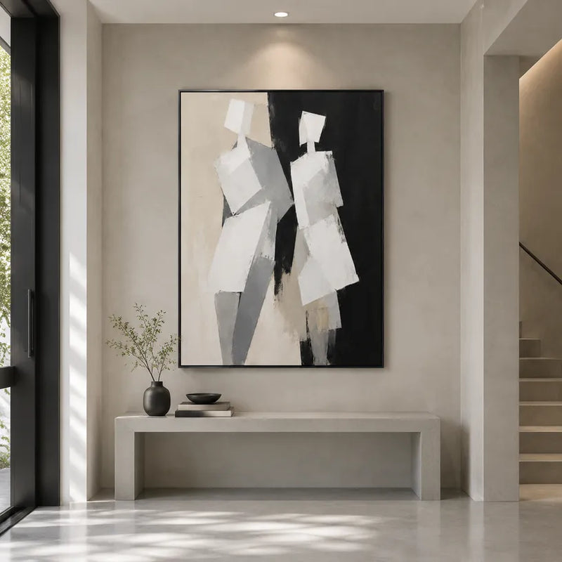 Minimalistisches Porträt- und Figurenölgemälde mit einer ausdrucksstarken Figur oder einem Porträt mit malerischen Details in einer Schwarz-Weiß-Palette.