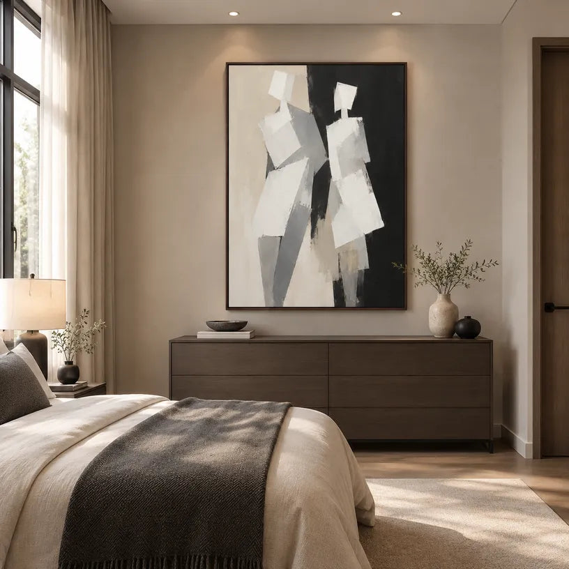 Minimalist portraiture & figure oil painting showing a stylized figure or portrait with expressive painterly shapes in a grey palette.