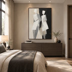 Minimalist portraiture & figure oil painting showing a stylized figure or portrait with expressive painterly shapes in a grey palette.