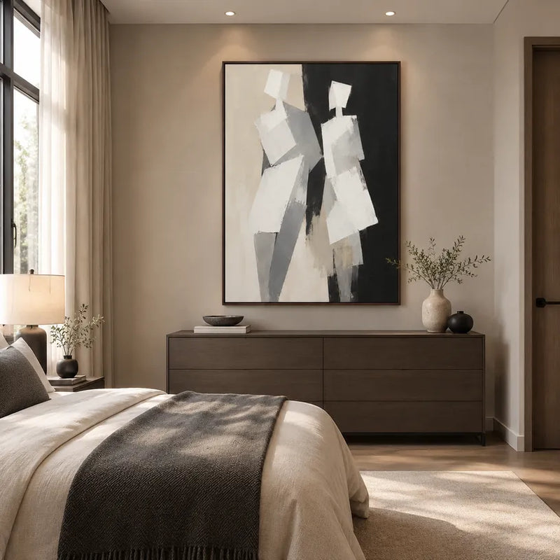 Minimalistisches Porträt- und Figurenölgemälde mit einer ausdrucksstarken Figur oder einem Porträt mit malerischen Details in einer Schwarz-Weiß-Palette.