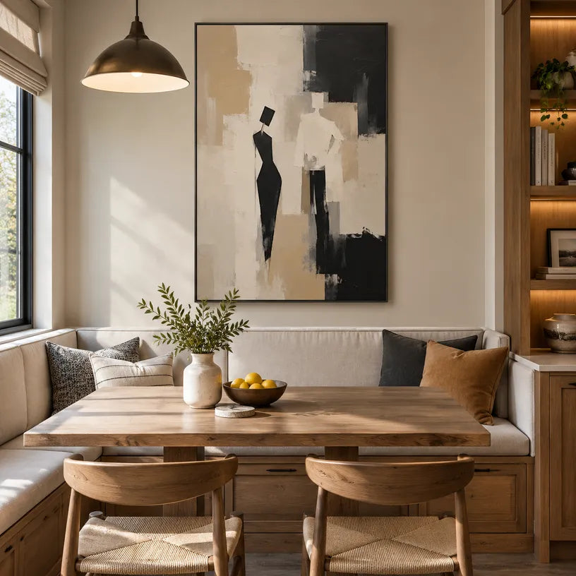 Minimalist portraiture & figure oil painting showing a stylized figure or portrait with expressive painterly shapes in a brown palette.