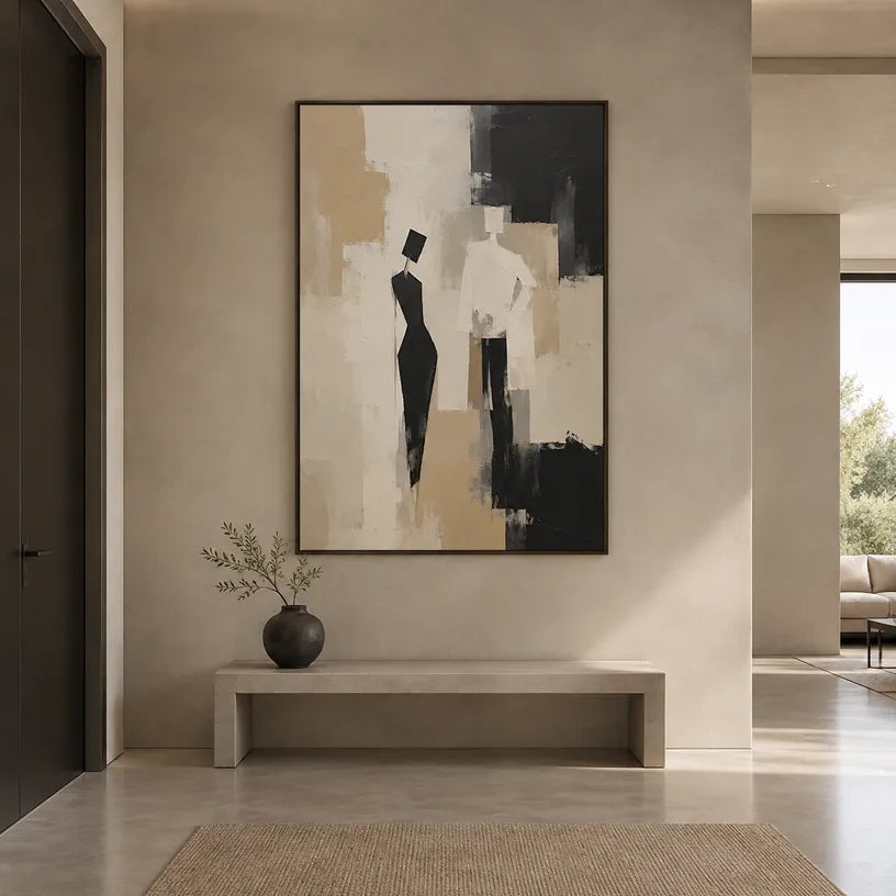 Minimalist portraiture & figure oil painting showing a stylized figure or portrait with expressive painterly shapes in a brown palette.