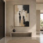 Minimalist portraiture & figure oil painting showing a stylized figure or portrait with expressive painterly shapes in a brown palette.