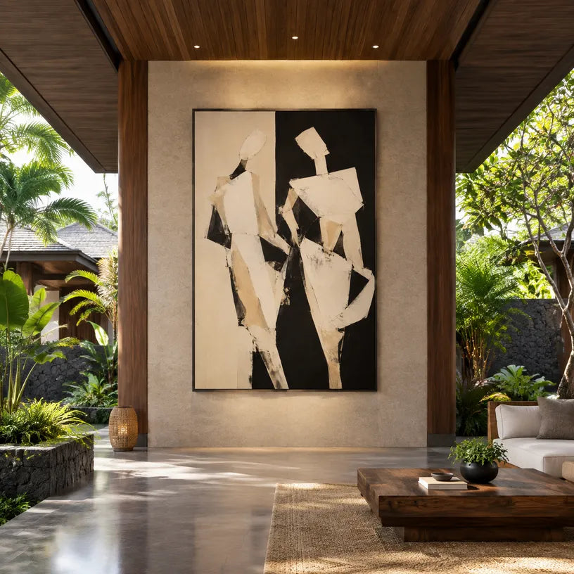 Minimalist portraiture & figure oil painting showing a stylized figure or portrait with expressive painterly shapes in a beige palette.