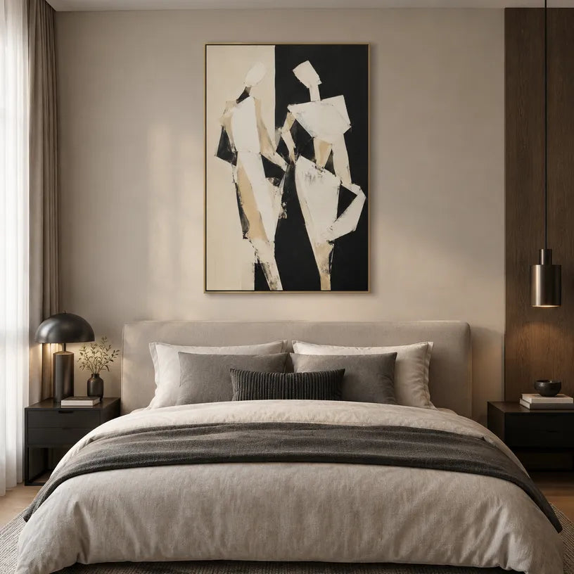 Minimalist portraiture & figure oil painting showing a stylized figure or portrait with expressive painterly shapes in a beige palette.
