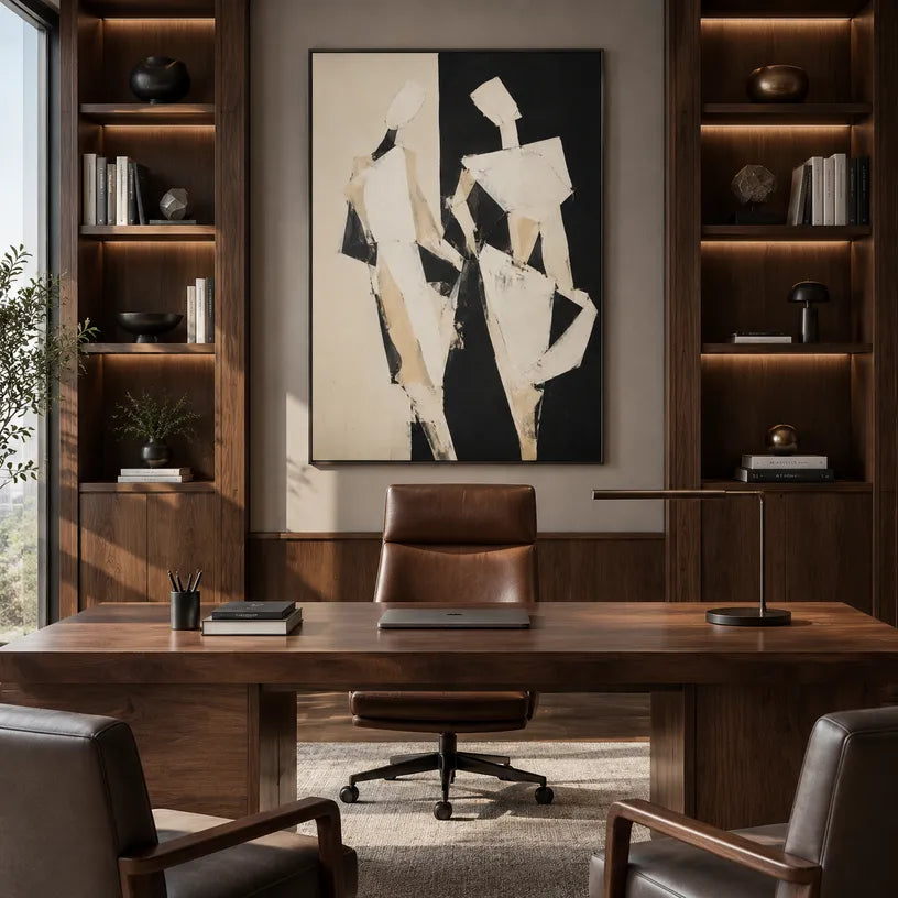 Minimalist portraiture & figure oil painting showing a stylized figure or portrait with expressive painterly shapes in a beige palette.