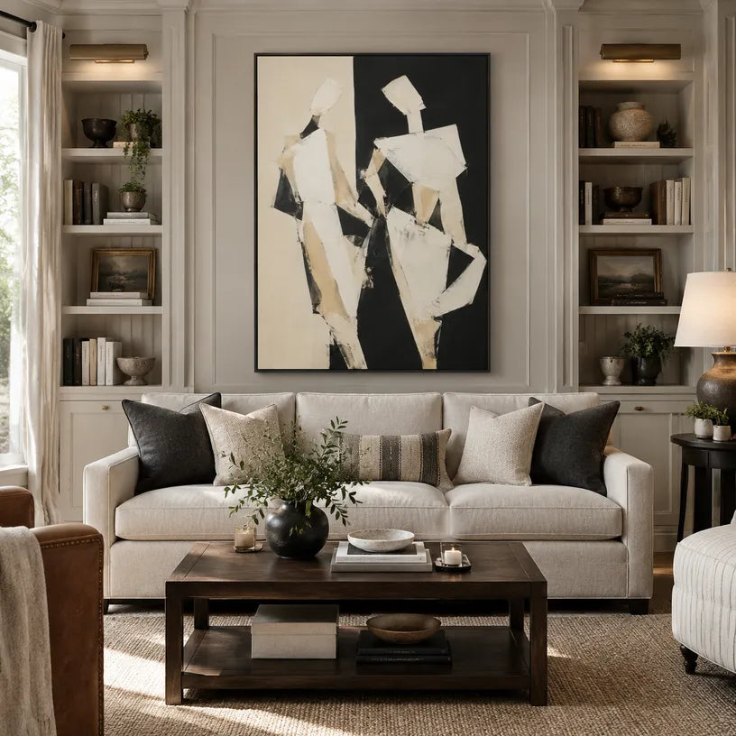 Minimalist portraiture & figure oil painting showing a stylized figure or portrait with expressive painterly shapes in a beige palette.