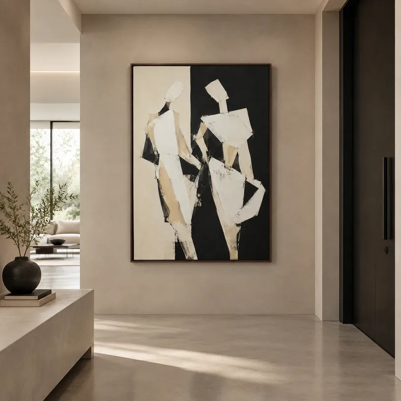 Minimalist portraiture & figure oil painting showing a stylized figure or portrait with expressive painterly shapes in a beige palette.