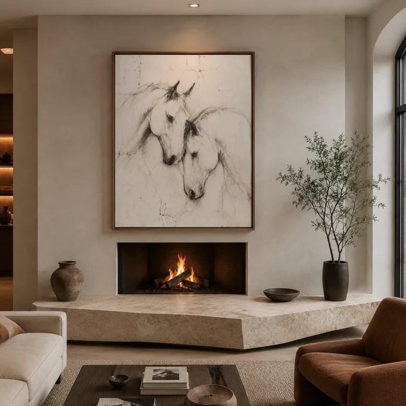 Dipinto a olio con animali minimalisti che presenta un soggetto animale espressivo reso con pennellate visibili in una tavolozza beige.