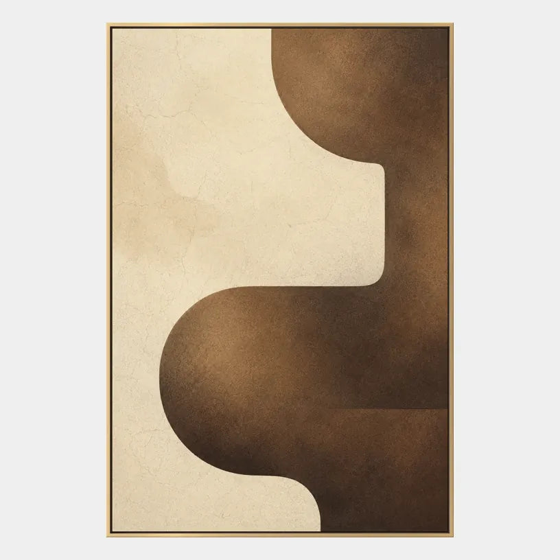 Pittura a olio minimalista astratta e concettuale con segni astratti stratificati, consistenza e movimento pittorico espressivo in una tavolozza marrone.