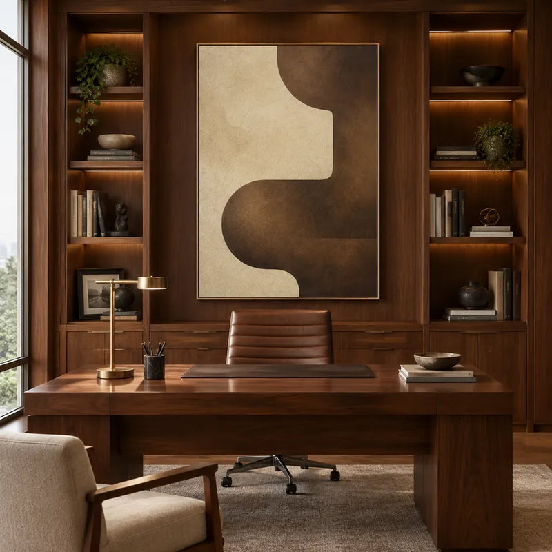 Pittura a olio minimalista astratta e concettuale con segni astratti stratificati, consistenza e movimento pittorico espressivo in una tavolozza marrone.