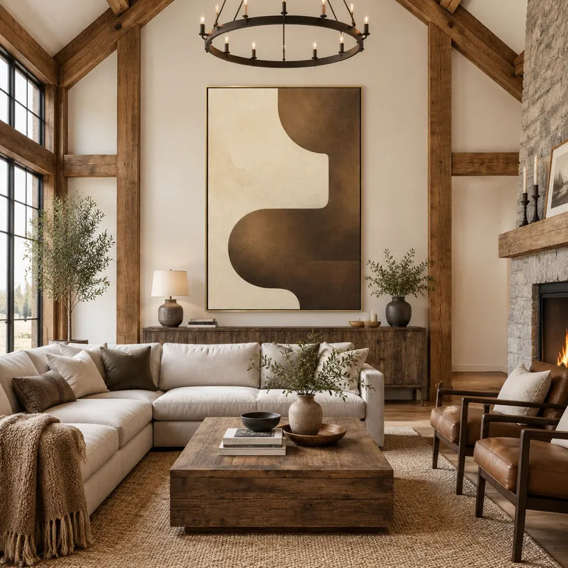 Peinture à l'huile abstraite et conceptuelle minimaliste présentant des marques abstraites superposées, une texture et un mouvement pictural expressif dans une palette marron.