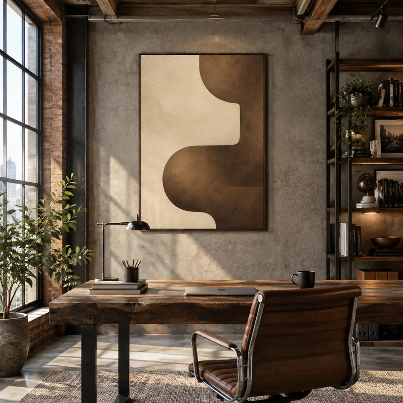 Pittura a olio minimalista astratta e concettuale con segni astratti stratificati, consistenza e movimento pittorico espressivo in una tavolozza marrone.