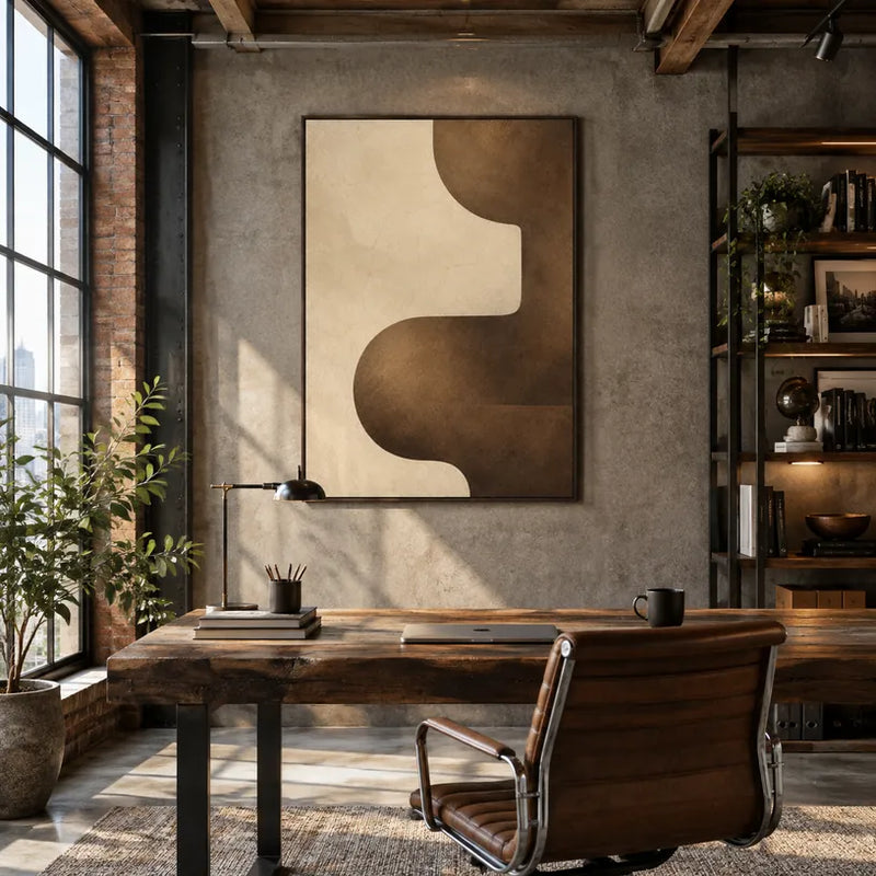 Pittura a olio minimalista astratta e concettuale con segni astratti stratificati, consistenza e movimento pittorico espressivo in una tavolozza marrone.
