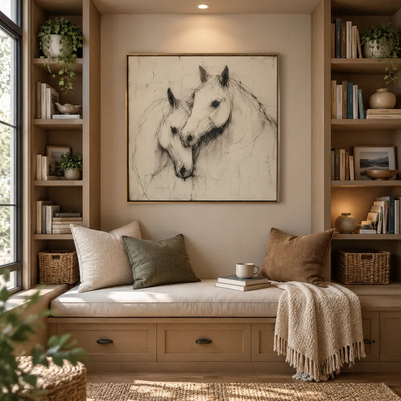 Dipinto a olio con animali minimalisti che presenta un soggetto animale espressivo reso con pennellate visibili in una tavolozza beige.